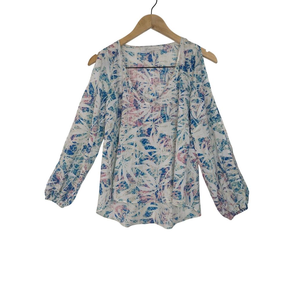 Lovers + Friends Palm Leaf Split Sleeve V-neck Lightweight Blouse Boho Coastal